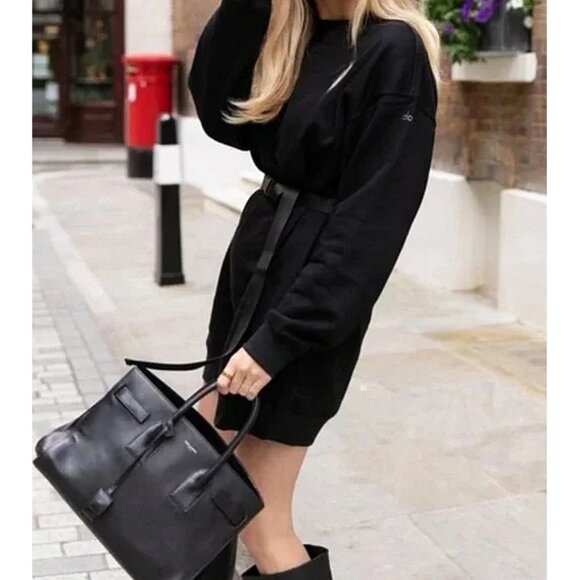Alo Cityscape Sweatshirt Dress Black Belted Belt Edgy Long Sleeve Sweater Mini - Picture 10 of 15